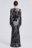 Sequins Black Mermaid Long Sleeve Evening Dress with Belt