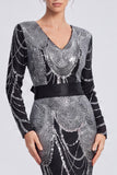 Sequins Black Mermaid Long Sleeve Evening Dress with Belt