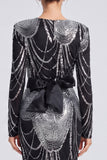 Sequins Black Mermaid Long Sleeve Evening Dress with Belt