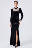 Black Mermaid Sparkly Velvet Long Sleeve Evening Dress with Slit