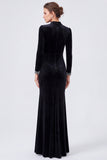 Black Mermaid Sparkly Velvet Long Sleeve Evening Dress with Slit