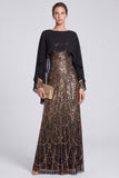 A-Line Black Sequins Evening Dress with Long Sleeves