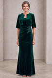 Mermaid Dark Green Velvet Long Mother Of The Bride Dress with Half Sleeves