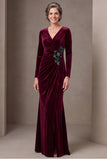Burgundy Ruched Velvet Mermaid Long Sleeve Mother Of The Bride Dress