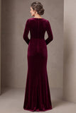 Burgundy Ruched Velvet Mermaid Long Sleeve Mother Of The Bride Dress
