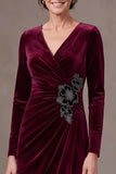 Burgundy Ruched Velvet Mermaid Long Sleeve Mother Of The Bride Dress