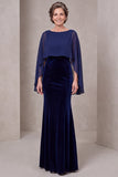 Mermaid Navy Boat Neck Velvet Long Mother Of The Bride Dress With Cape