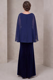 Mermaid Navy Boat Neck Velvet Long Mother Of The Bride Dress With Cape