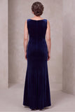 Mermaid Navy Boat Neck Velvet Long Mother Of The Bride Dress With Cape