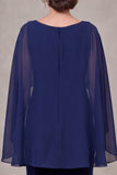 Mermaid Navy Boat Neck Velvet Long Mother Of The Bride Dress With Cape