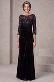 Sequins Black Sheath Lace Ruched 3/4 Sleeve Velvet Long Mother Of The Bride Dress
