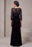 Sequins Black Sheath Lace Ruched 3/4 Sleeve Velvet Long Mother Of The Bride Dress