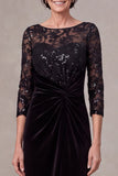 Sequins Black Sheath Lace Ruched 3/4 Sleeve Velvet Long Mother Of The Bride Dress