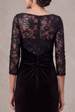 Sequins Black Sheath Lace Ruched 3/4 Sleeve Velvet Long Mother Of The Bride Dress