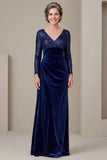 Sequins Long Sleeve Navy Velvet Mother Of The Bride Dress