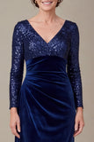 Sequins Long Sleeve Navy Velvet Mother Of The Bride Dress