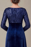 Sequins Long Sleeve Navy Velvet Mother Of The Bride Dress