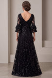 Sequins Black A-Line Lace Long Mother Of The Bride Dress with Flare Sleeves