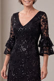 Sequins Black A-Line Lace Long Mother Of The Bride Dress with Flare Sleeves