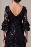 Sequins Black A-Line Lace Long Mother Of The Bride Dress with Flare Sleeves