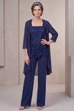 3 Piece Navy 3/4 Sleeve Long Mother Of The Bride Pantsuit with Appliques