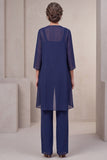 3 Piece Navy 3/4 Sleeve Long Mother Of The Bride Pantsuit with Appliques