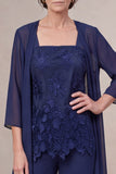 3 Piece Navy 3/4 Sleeve Long Mother Of The Bride Pantsuit with Appliques