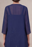 3 Piece Navy 3/4 Sleeve Long Mother Of The Bride Pantsuit with Appliques