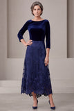 Velvet 3/4 Sleeve A-Line Navy Long Mother Of The Bride Dress