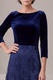 Velvet 3/4 Sleeve A-Line Navy Long Mother Of The Bride Dress