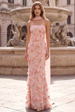 Strapless Mermaid Sparkly Pink Maxi Prom Dress With 3D Flowers