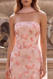 Strapless Mermaid Sparkly Pink Maxi Prom Dress With 3D Flowers