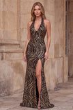 Halter Sequins Black Mermaid Maxi Prom Dress