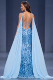 Sequins Mermaid Blue Spaghetti Straps Long Pageant Dress with Drapes