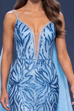 Sequins Mermaid Blue Spaghetti Straps Long Pageant Dress with Drapes