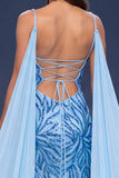 Sequins Mermaid Blue Spaghetti Straps Long Pageant Dress with Drapes