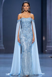 Off The Shoulder Beaded Sheath Light Blue Long Pageant Dress