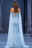 Off The Shoulder Beaded Sheath Light Blue Long Pageant Dress