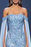 Off The Shoulder Beaded Sheath Light Blue Long Pageant Dress
