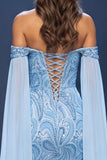 Off The Shoulder Beaded Sheath Light Blue Long Pageant Dress