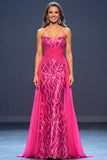 Strapless Sequins Fuchsia Mermaid Long Pageant Dress with Side Streamer