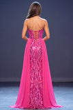 Strapless Sequins Fuchsia Mermaid Long Pageant Dress with Side Streamer
