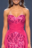 Strapless Sequins Fuchsia Mermaid Long Pageant Dress with Side Streamer