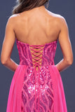 Strapless Sequins Fuchsia Mermaid Long Pageant Dress with Side Streamer