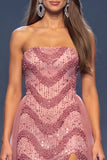 Sheath Strapless Dusty Rose Sparkly Long Pageant Dress with Side Streamer