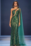 One Shoulder Sequins Mermaid Dark Green Long Pageant Dress with Side Cape