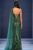 One Shoulder Sequins Mermaid Dark Green Long Pageant Dress with Side Cape