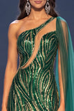One Shoulder Sequins Mermaid Dark Green Long Pageant Dress with Side Cape
