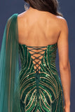 One Shoulder Sequins Mermaid Dark Green Long Pageant Dress with Side Cape
