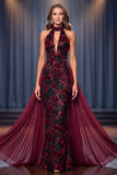 Floral Halter Beaded Burgundy Keyhole Mermaid Long Pageant Dress